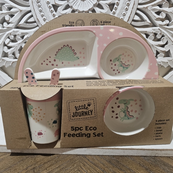 NEW Little Journey 5pc Bamboo Dinsour Kids Feeding Set Plate Cup Bowl Spoon Fork - Picture 3 of 6